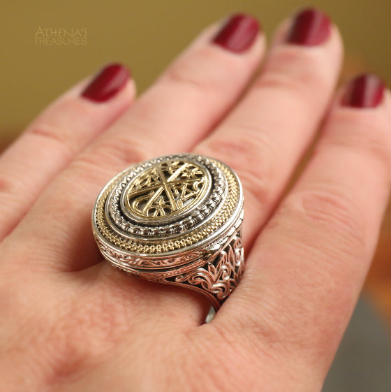 Chi Rho Crosier Oval Locket Ring - 18k Gold & Sterling Silver Ring - Cocktail Ring