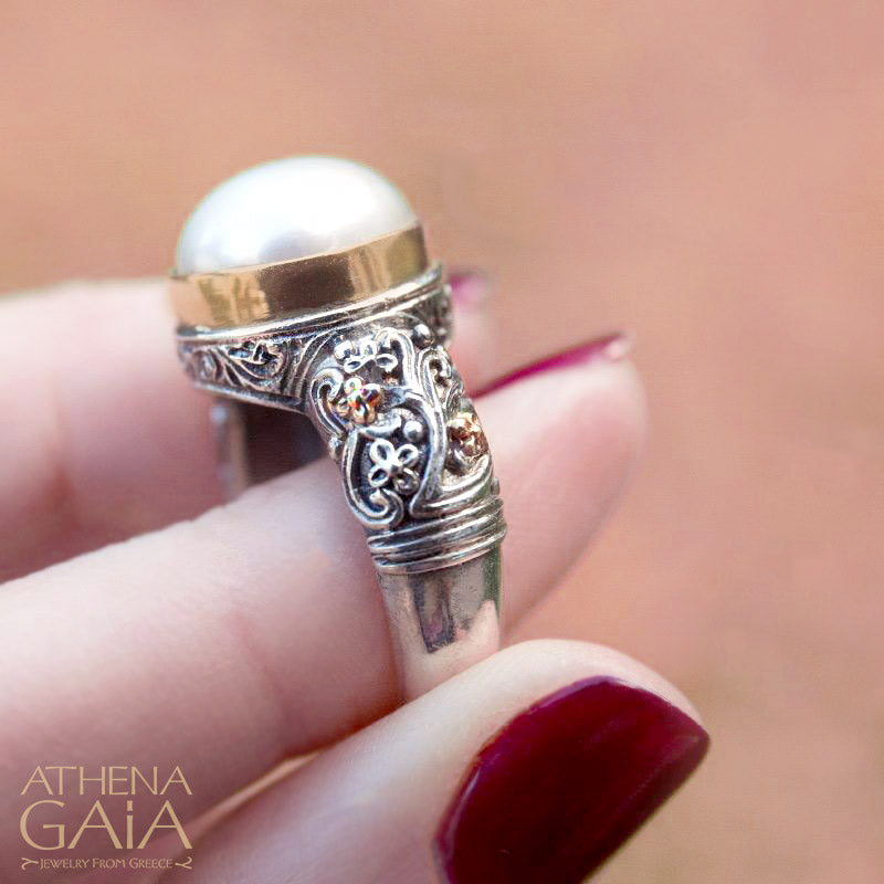 Meadow Breeze Pearl Ring - 18k Gold & Sterling Silver Ring- Cocktail Ring