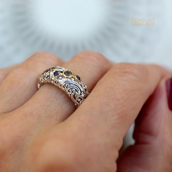 Meadow Breeze Stone Path Floral Band Ring - 18k Gold & Sterling Silver Ring - Stackable Ring