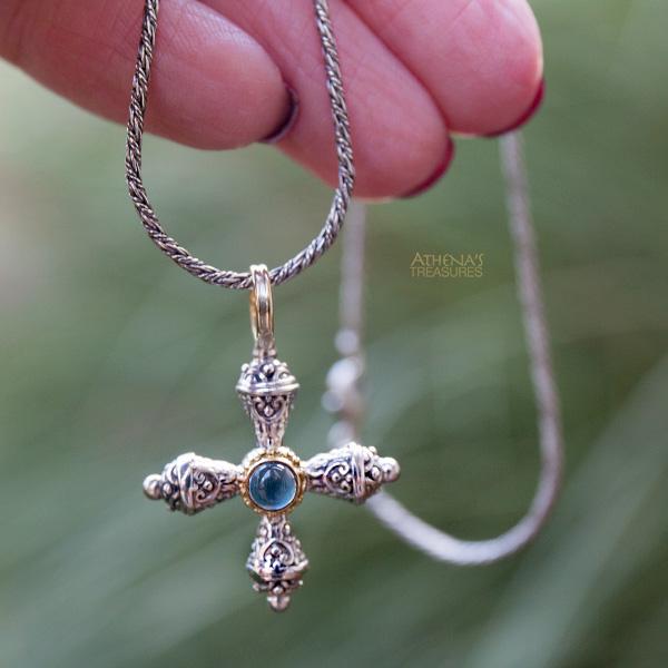 Micro Prairie Stone Pomme Cross - 18k Gold and Sterling Silver - Cross Necklace