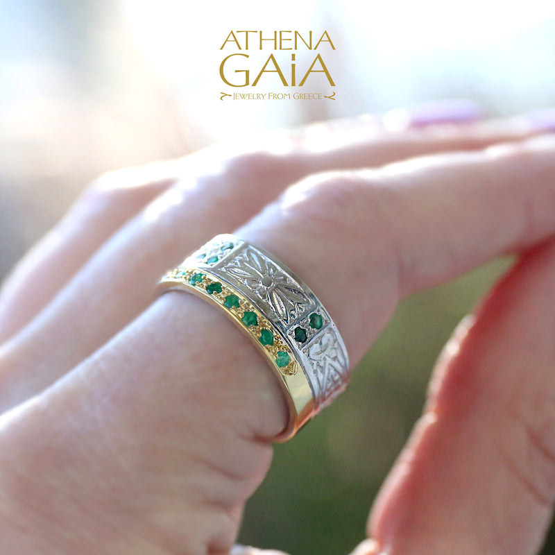 Anthemion Single Row Gold Ring - 18k Gold & Sterling Silver Ring - Cigar Band Ring