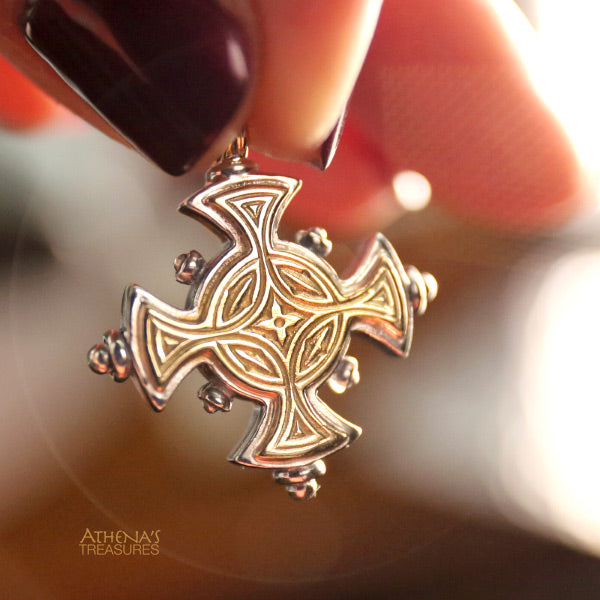 Mother and Child Rustic Maltese Crosses Necklace - 18k Gold & Sterling Silver - Cross Necklace