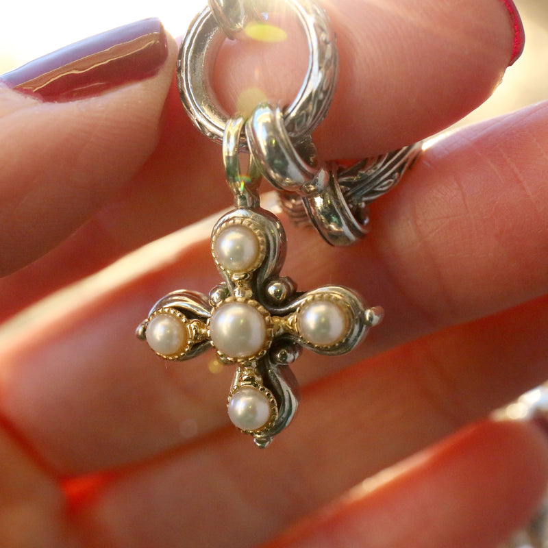 Aretousa Elevated Pearl Pomme Cross - 18k Gold and Sterling Silver - Cross Necklace