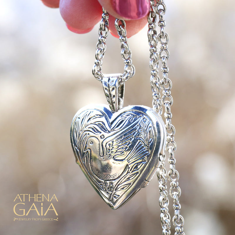 Heart Shaped Dove Locket Pendant - Sterling Silver Pendant