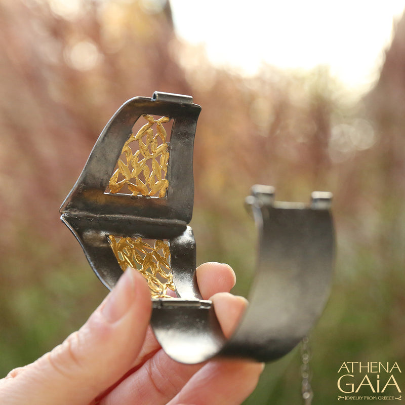 Olive Grove Edge Hinged Bracelet - Gold Plated Sterling Silver - Cuff Bracelet