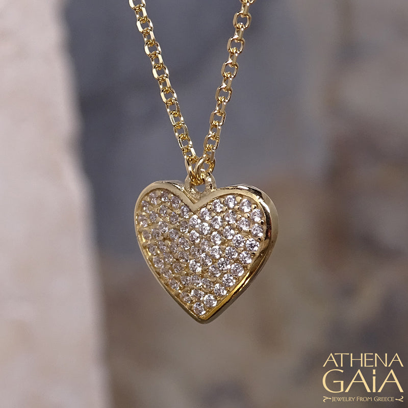 Pave Stoned Heart Necklace - 14k Gold Necklace