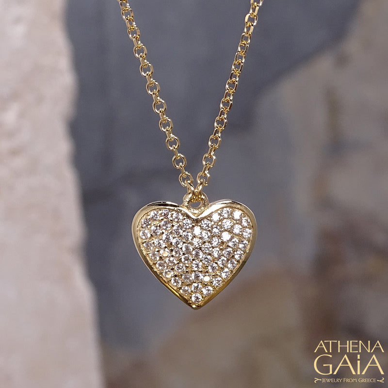 Pave Stoned Heart Necklace - 14k Gold Necklace