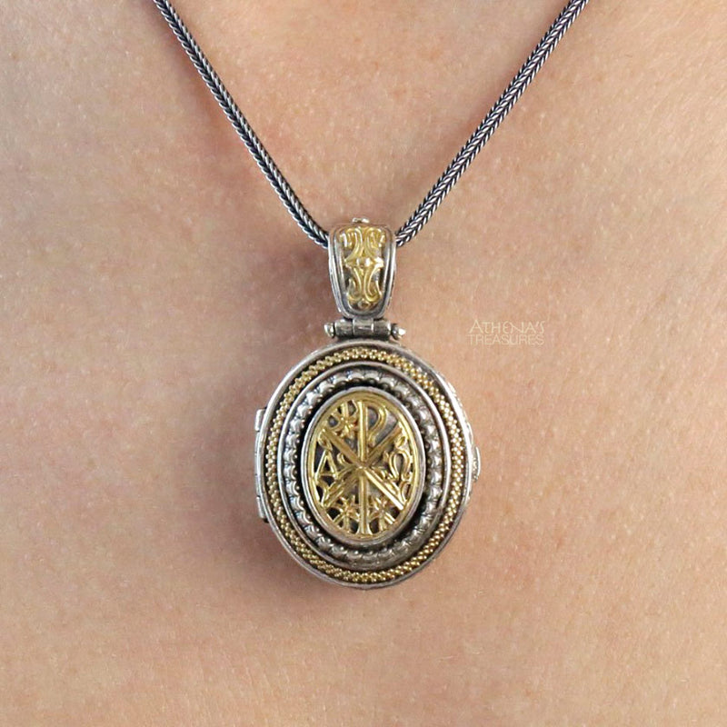 Chi Rho Cross Long Locket Pendant - 18k Gold & Sterling Silver Pendant