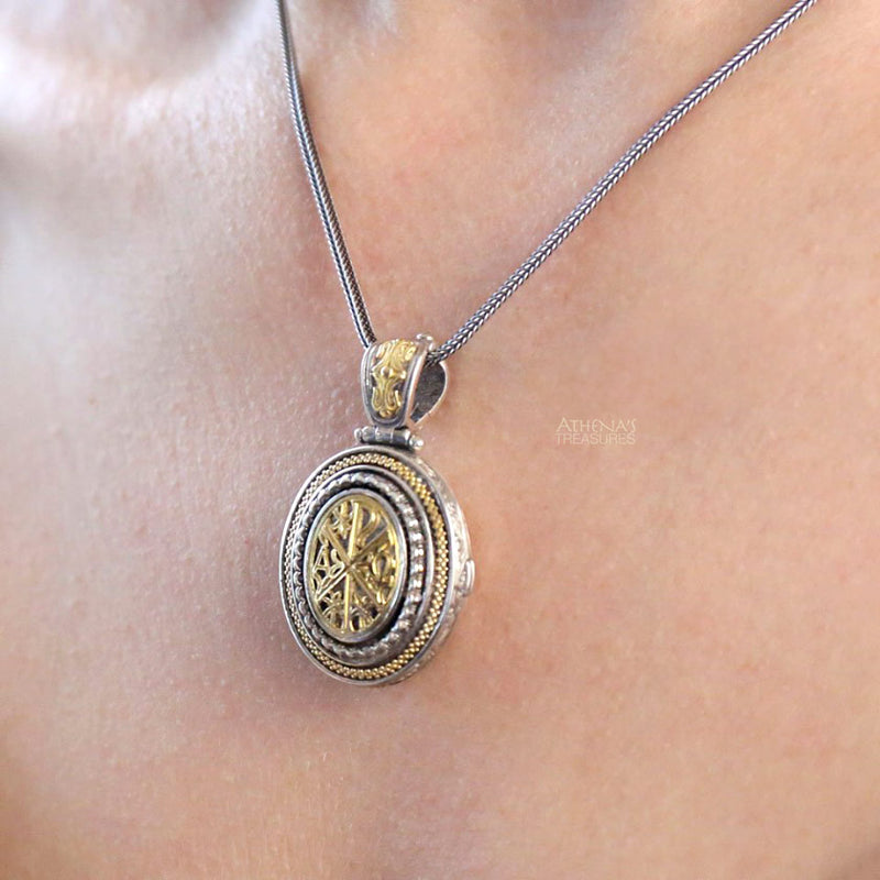 Chi Rho Cross Long Locket Pendant - 18k Gold & Sterling Silver Pendant