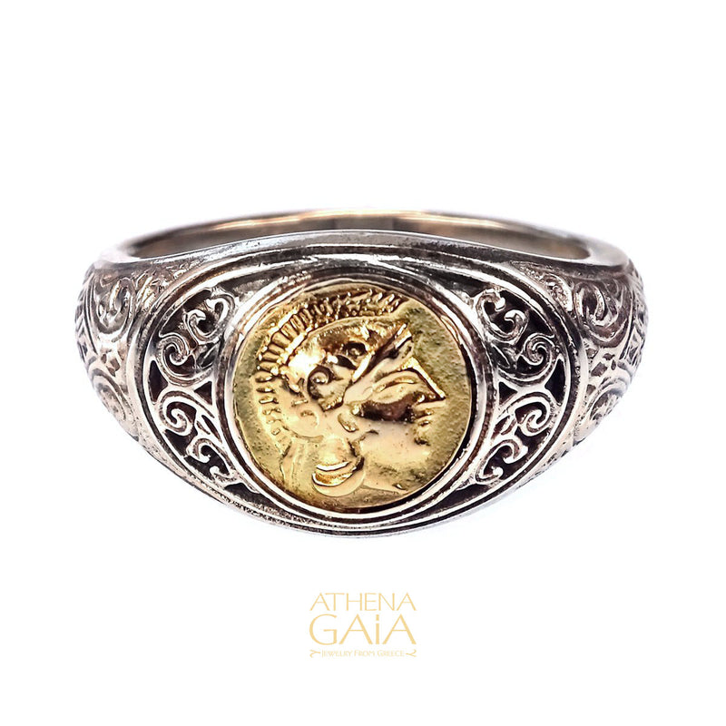 Athena Band Ring - 18k Gold & Sterling Silver Ring - Signet Ring