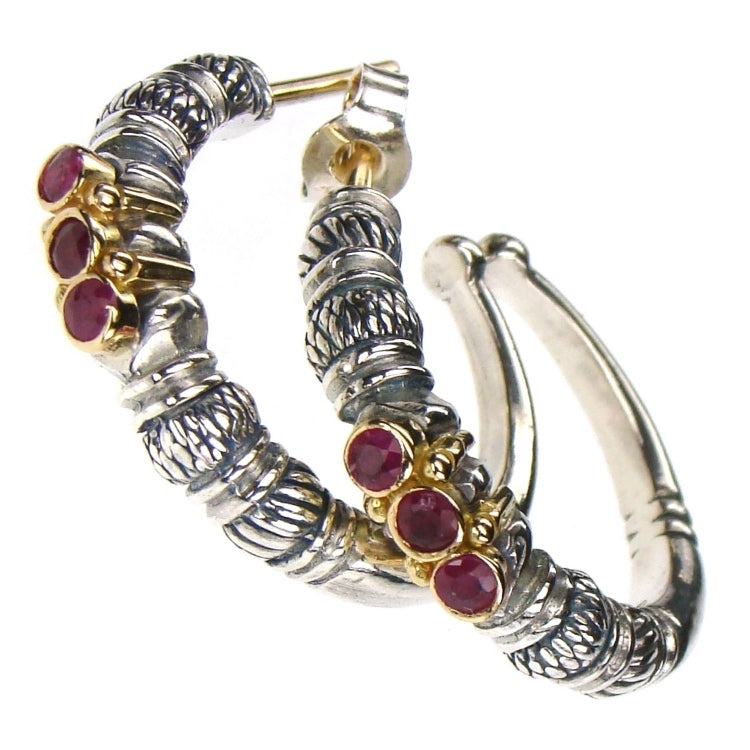Triple Ruby Hoop Earrings - 18k Gold & Sterling Silver Earrings
