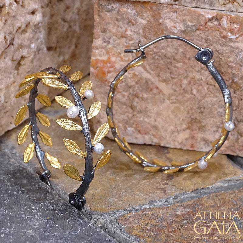 Pearl Olive Hoop Earrings - Gold Plating and Sterling Silver Earrings