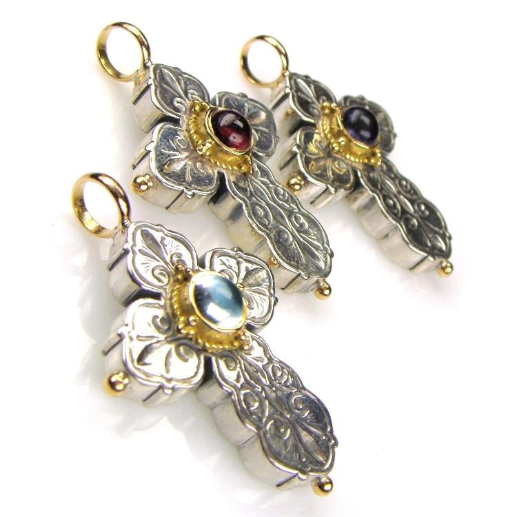 Rustic Center Stone Orthodox Cross- 18k Gold and Sterling Silver - Cross Necklace