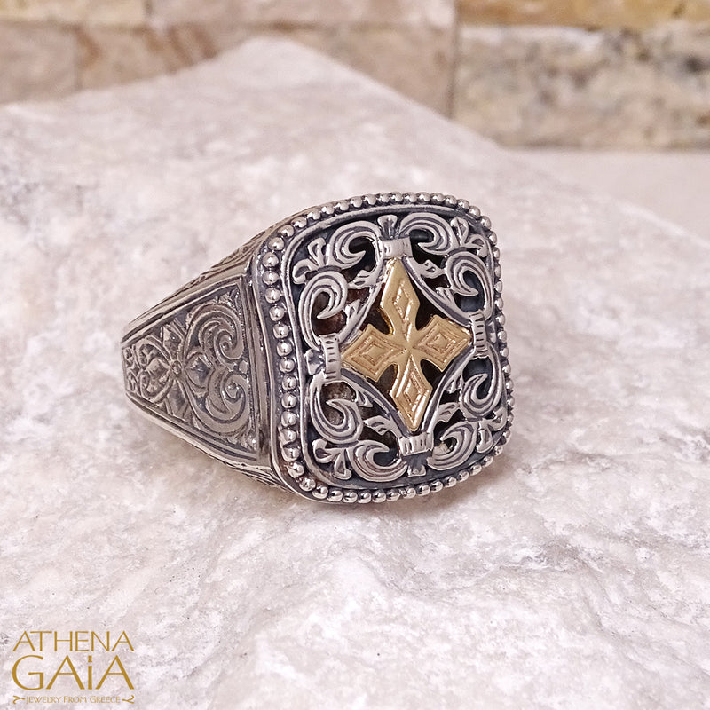 Gold Star Filigree Etched Ring - 18k Gold & Sterling Silver Ring - Signet Ring
