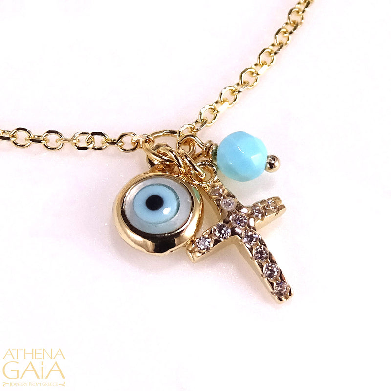 Turquoise Cross Mati Cluster Gold Necklace - 14k Gold Necklace - Evil Eye Necklace