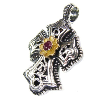 Garden Shadows Rosette Cross (Small) - Sterling Silver & 18k Gold - Flared Cross