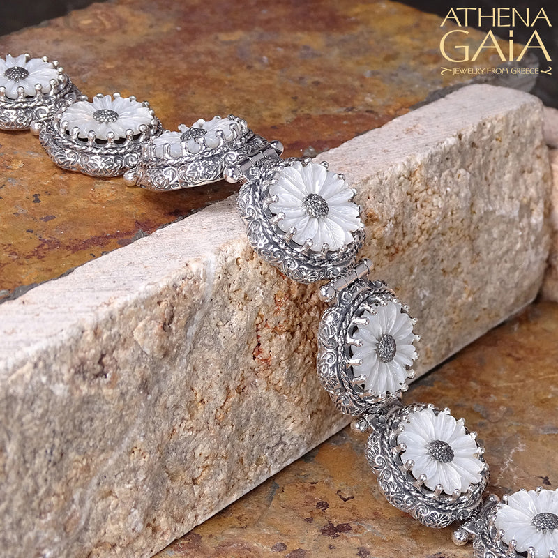 Mother of Pearl Flower Bracelet - Sterling Silver Bracelet - Link Bracelet