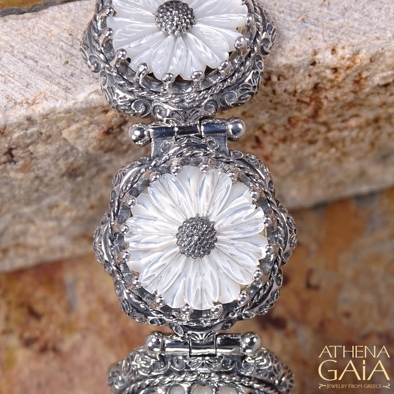 Mother of Pearl Flower Bracelet - Sterling Silver Bracelet - Link Bracelet