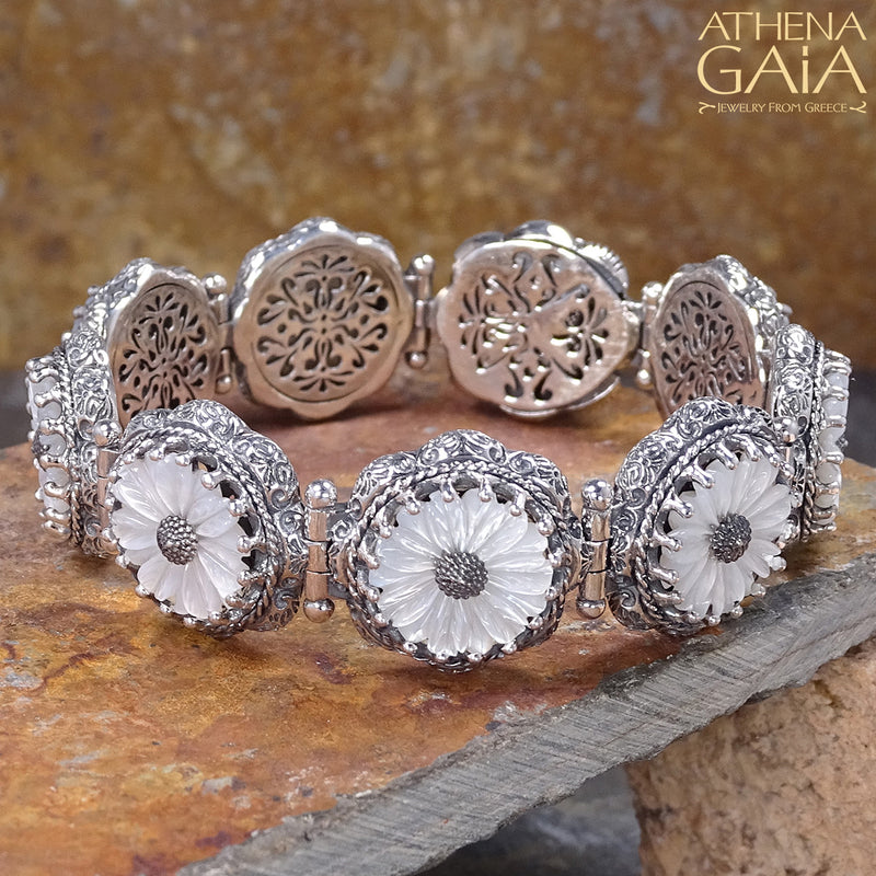 Mother of Pearl Flower Bracelet - Sterling Silver Bracelet - Link Bracelet