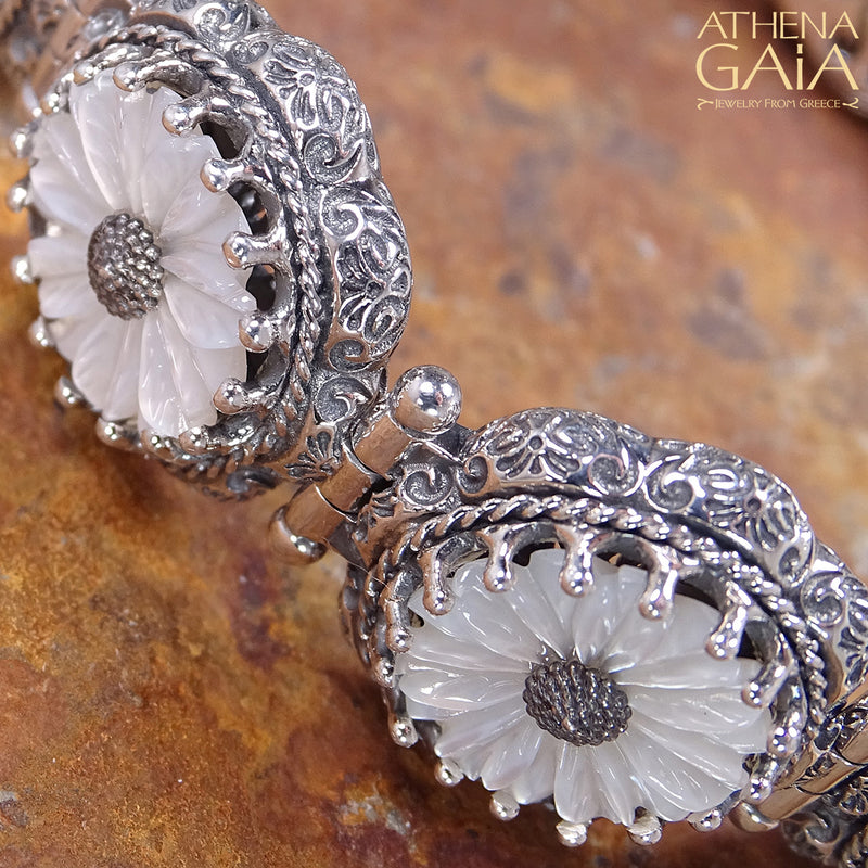 Mother of Pearl Flower Bracelet - Sterling Silver Bracelet - Link Bracelet