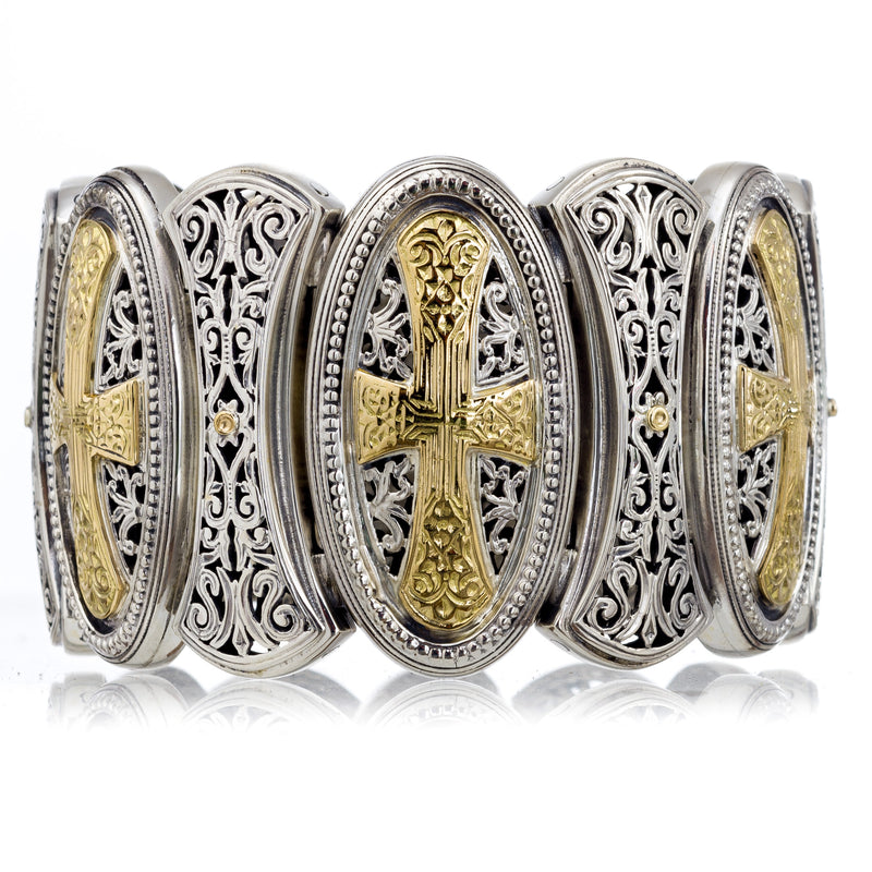 Gerochristo Crosses Wide Link Bracelet - 18k Gold & Sterling Silver Bracelet - Cuff Bracelet