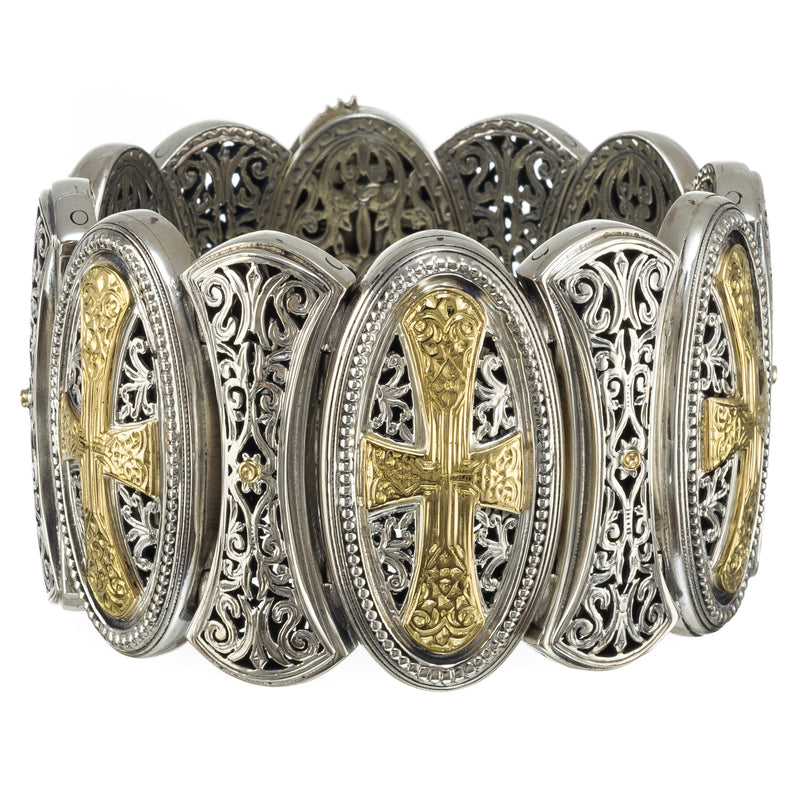 Gerochristo Crosses Wide Link Bracelet - 18k Gold & Sterling Silver Bracelet - Cuff Bracelet