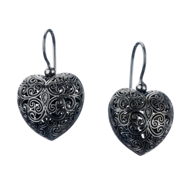 Kallisto Heart Filigree Earrings - Sterling Silver - French Wire Earrings