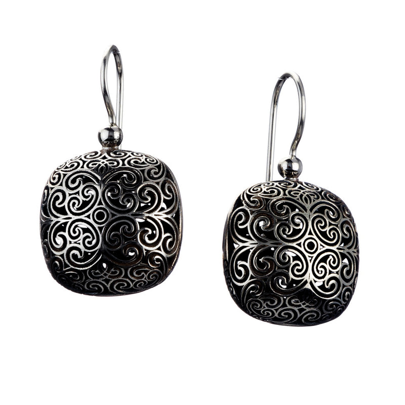 Kallisto Cushion Filigree Earrings - Sterling Silver - French Wire Earrings