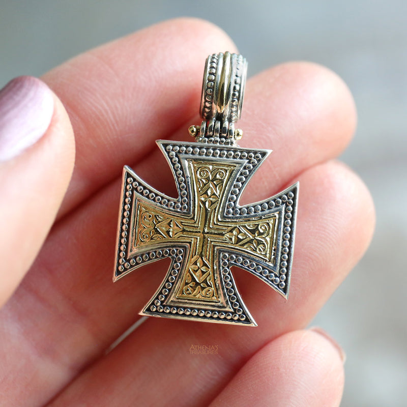 Gold Face Maltese Cross - 18k Gold and Sterling Silver - Cross Necklace