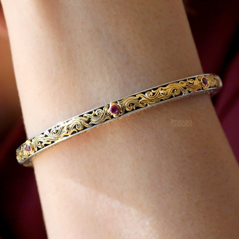 Floral Scroll Bracelet - 18k Gold and Sterling Silver - Hinged Bangle Bracelet