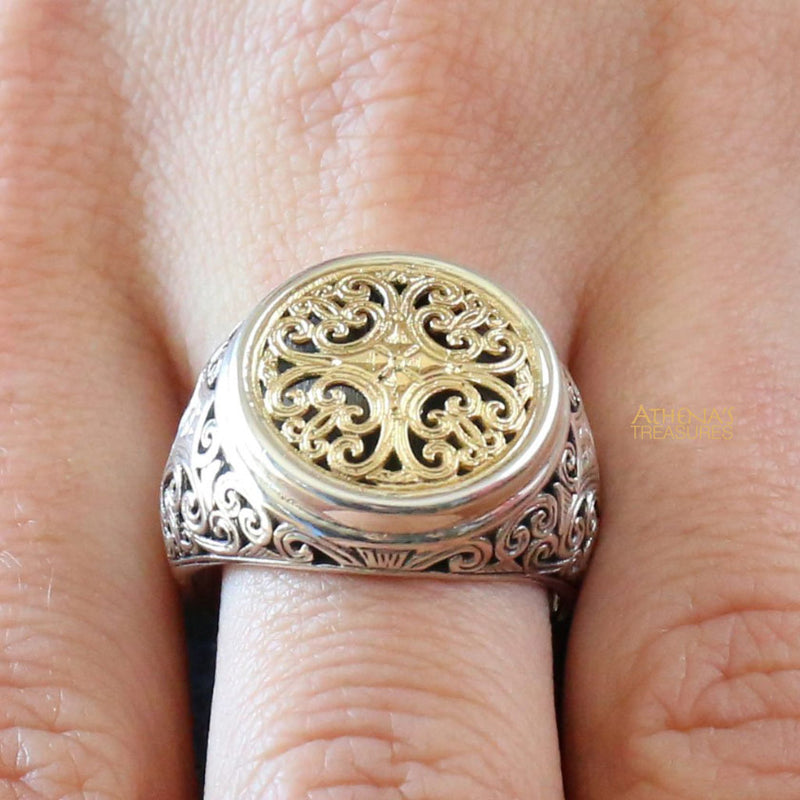 Mediterranean Circle Face Ring - 18k Gold & Sterling Silver Ring - Club Ring