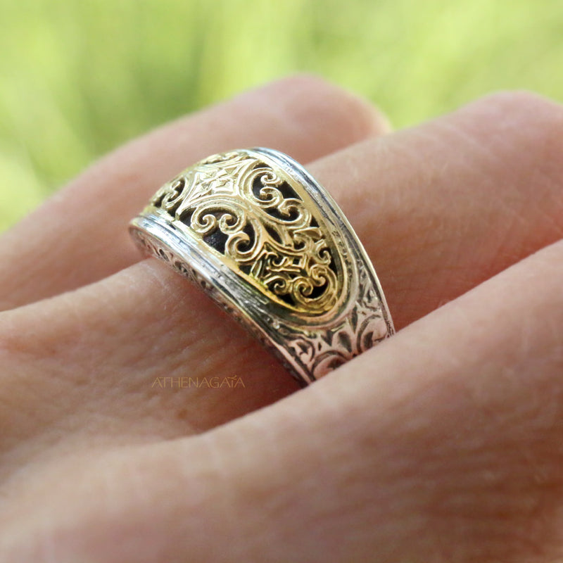 Mediterranean Elliptical Face Band Ring - 18k Gold & Sterling Silver Ring - Stackable Ring