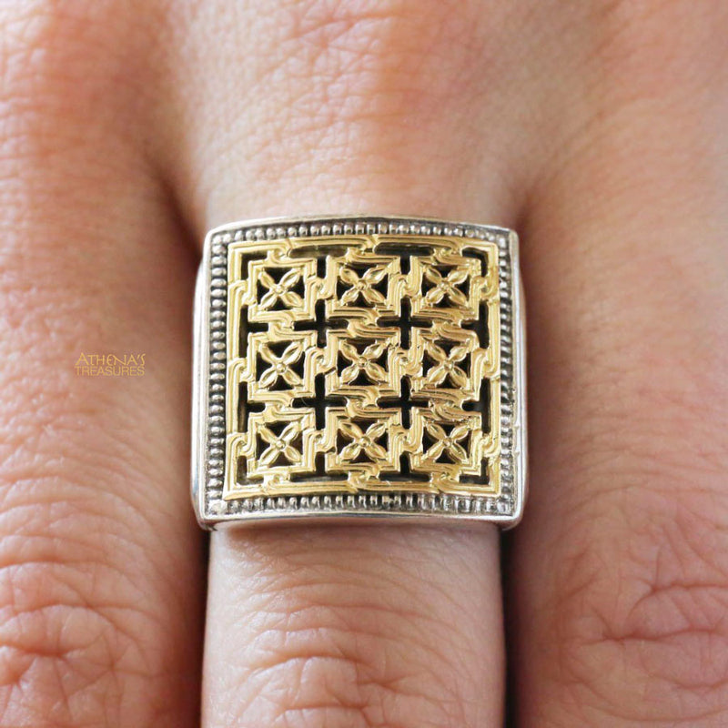 Monastiraki Church Sun Gate Ring - 18k Gold & Sterling Silver Ring - Club Ring