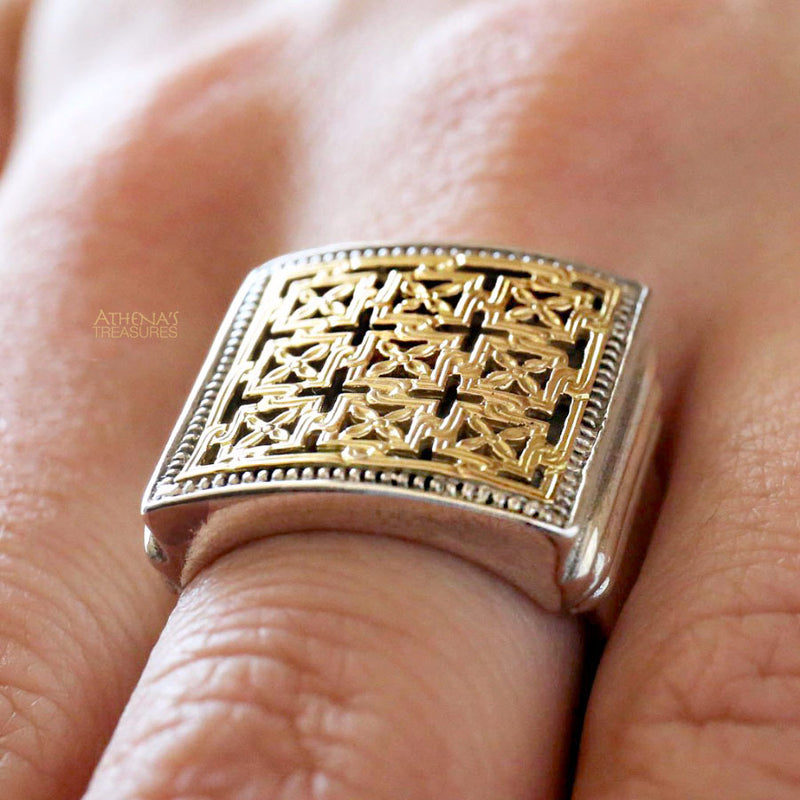 Monastiraki Garden Trellis Ring - 18k Gold & Sterling Silver Ring - Club Ring