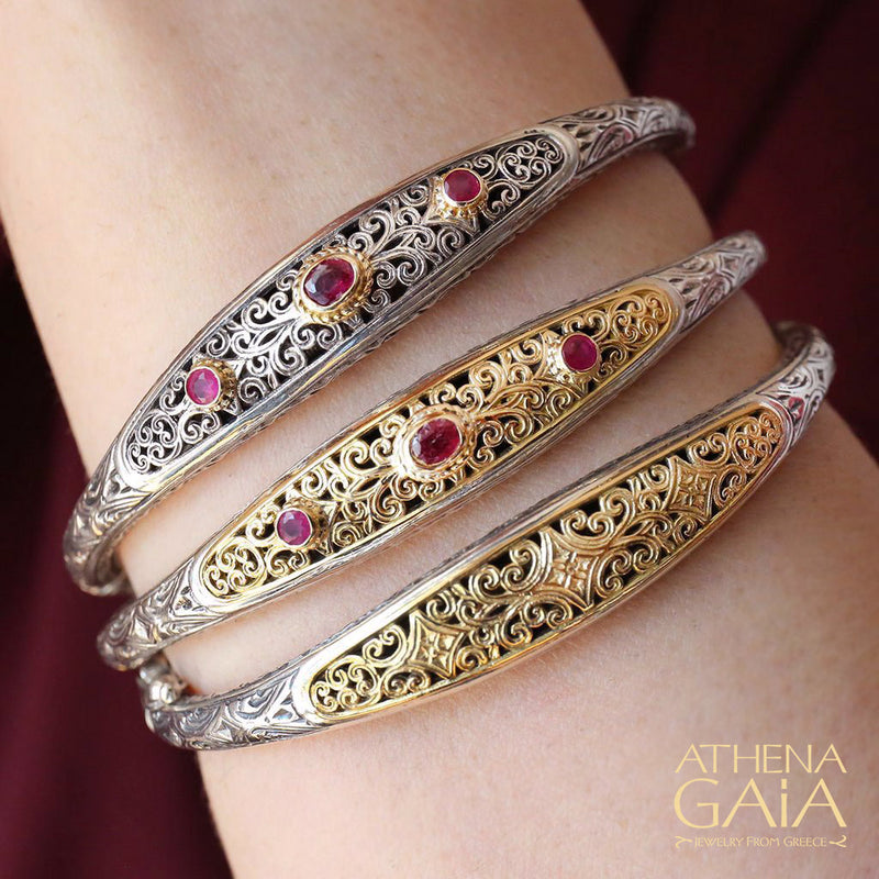 Mediterranean Bracelet - 18k Gold and Sterling Silver - Hinged Bangle Bracelet