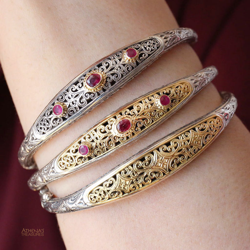 Mediterranean Ruby Bracelet - 18k Gold and Sterling Silver - Hinged Bangle Bracelet