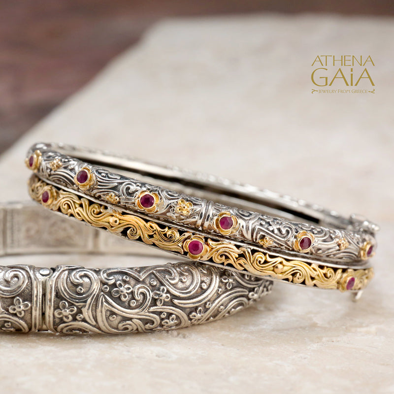 Floral Scroll Bracelet - 18k Gold and Sterling Silver - Hinged Bangle Bracelet