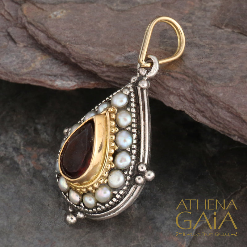 Pearl Fountain Tear Drop Pendant - 18k Gold & Sterling Silver Pendant