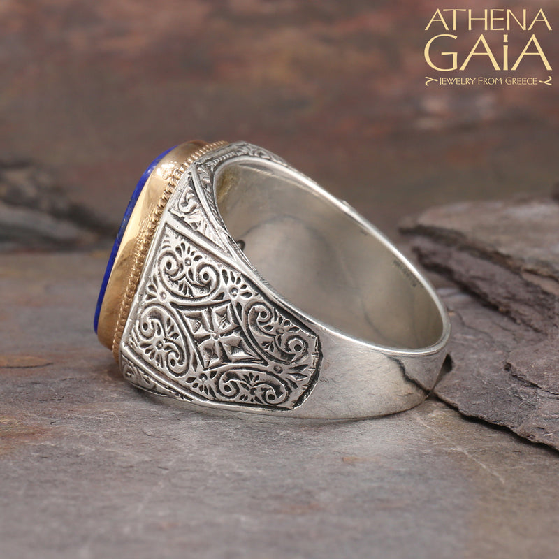 Long Flat Etched Shank Band Ring - 18k Gold & Sterling Silver Ring - Club Ring