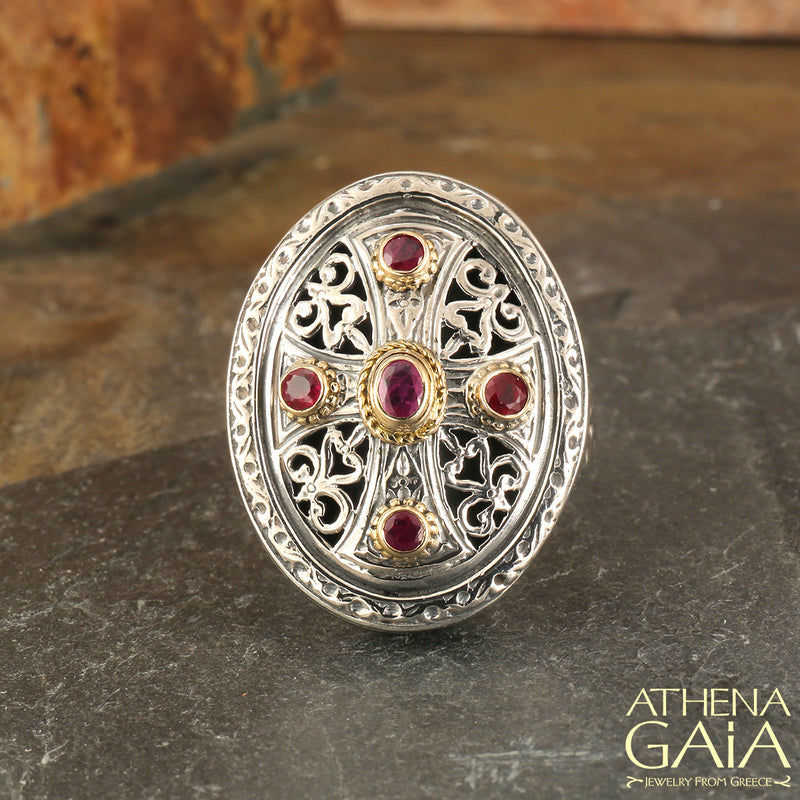 Gerochristo Five Stone Ruby Cross Ring - 18k Gold & Sterling Silver - Cocktail Ring