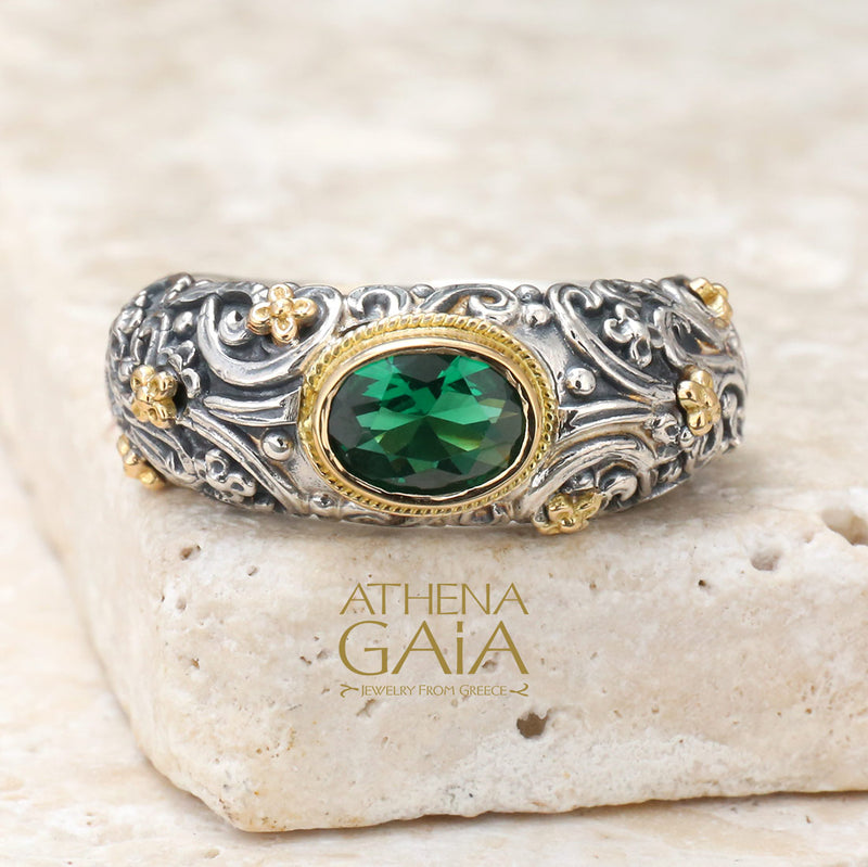 Meadow Breeze Large Stone Band Ring - 18k Gold & Sterling Silver Ring - Stackable Ring