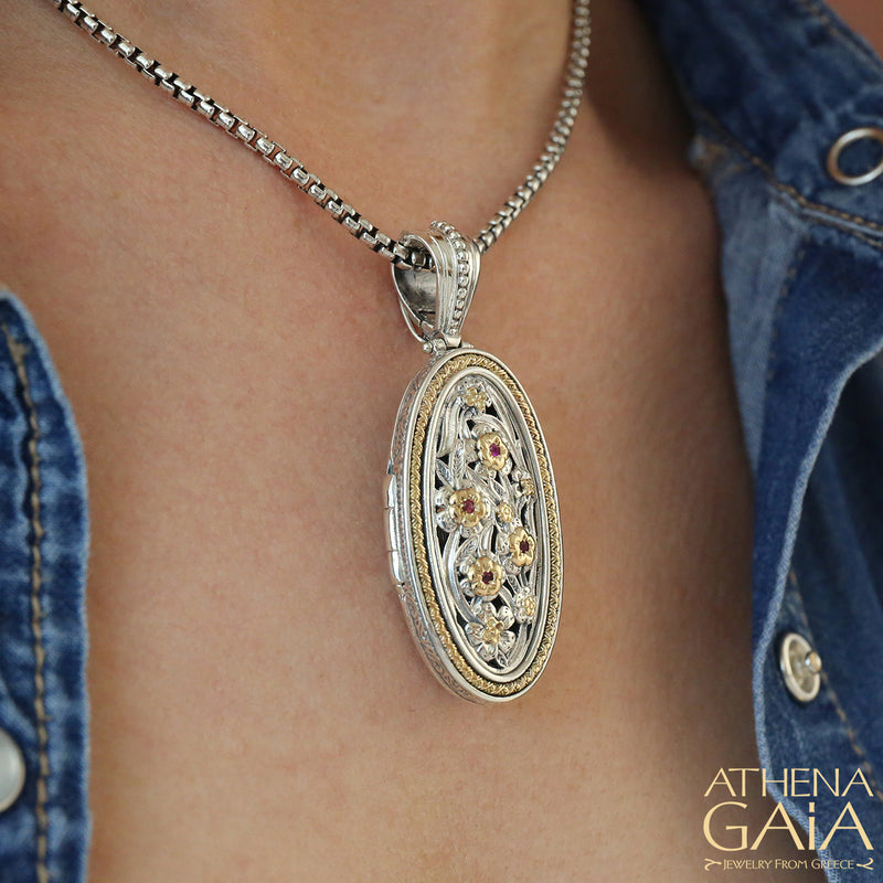 Meadow Shadows Oval Locket Pendant - 18k Gold & Sterling Silver Pendant