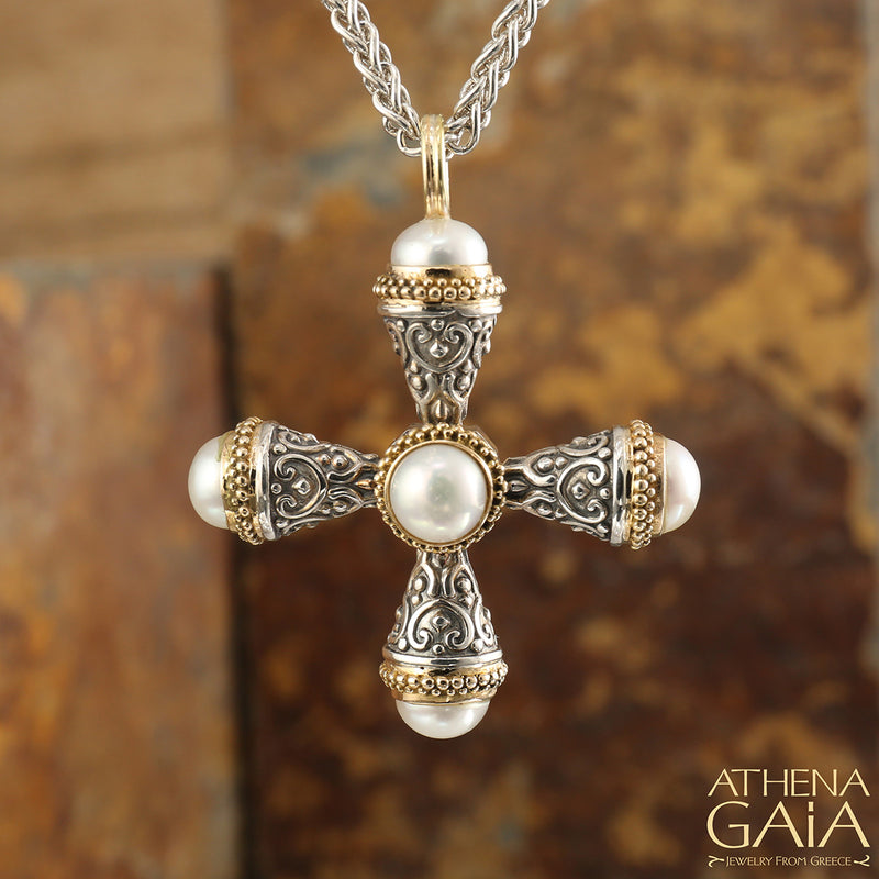 Mini Santorini Pomme Cross - 18k Gold and Sterling Silver - Cross Necklace