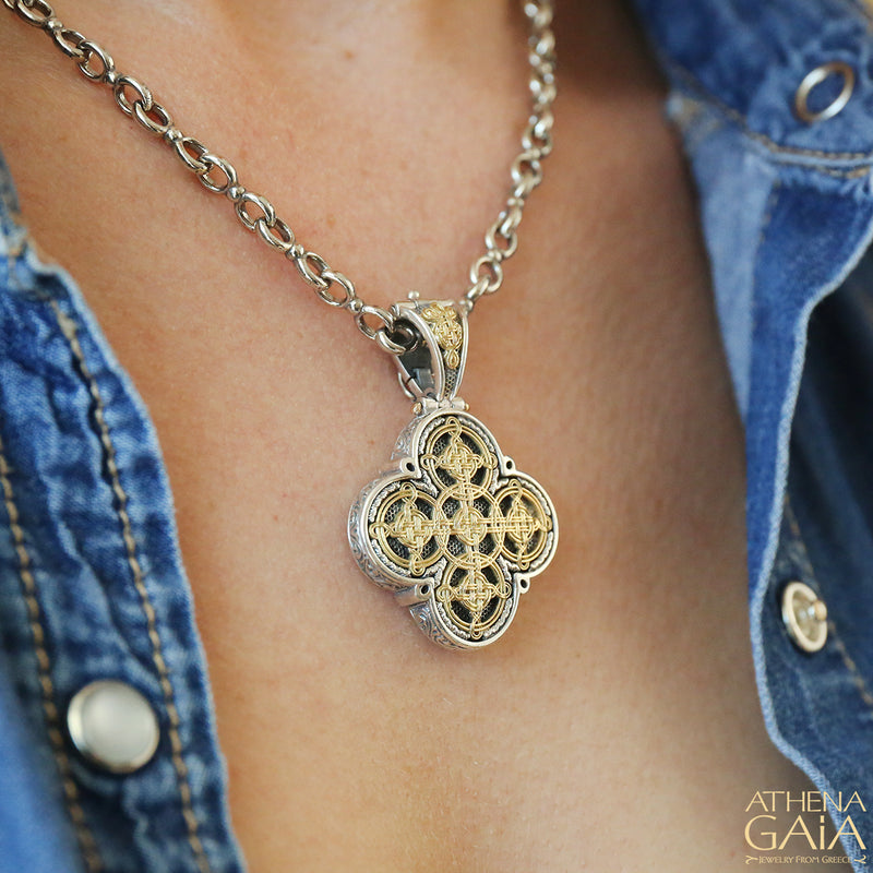 Gaelic Celtic Knot Filigree Cross - 18k Gold & Sterling Silver - Cross Necklace