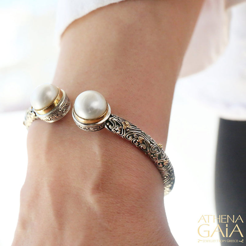 Meadow Breeze Pearl Bracelet - 18k Gold and Sterling Silver - Hinged Open Bracelet