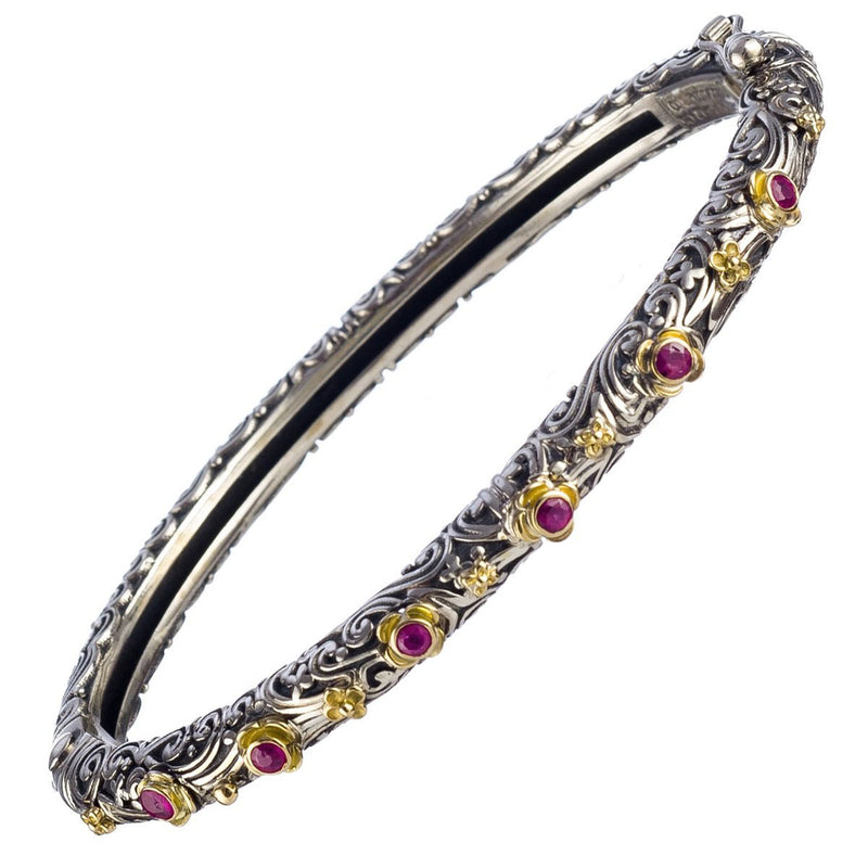 Meadow Breeze Ruby Flowers Bracelet - 18k Gold and Sterling Silver - Hinged Bangle Bracelet
