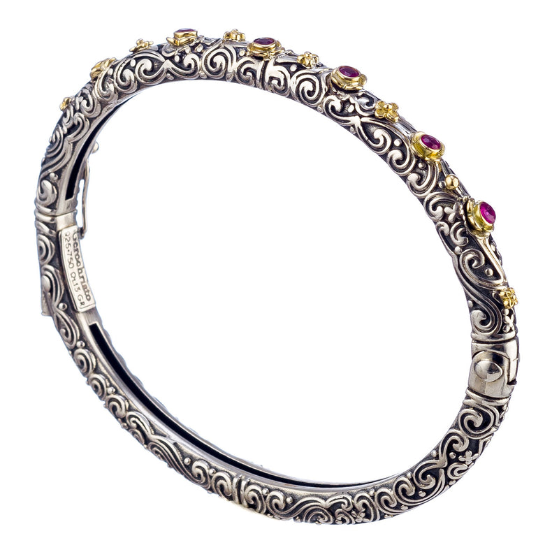 Meadow Breeze Ruby Flowers Bracelet - 18k Gold and Sterling Silver - Hinged Bangle Bracelet