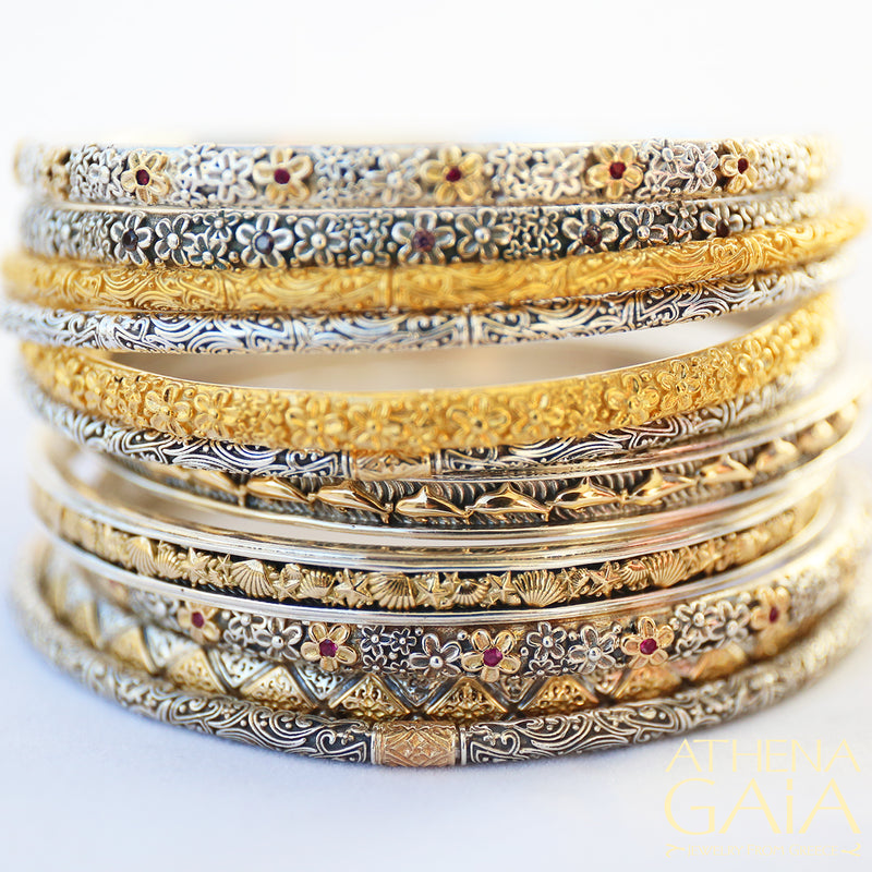 Thalassa Seashells Bracelet - 18k Gold and Sterling Silver - Solid Bangle Bracelet