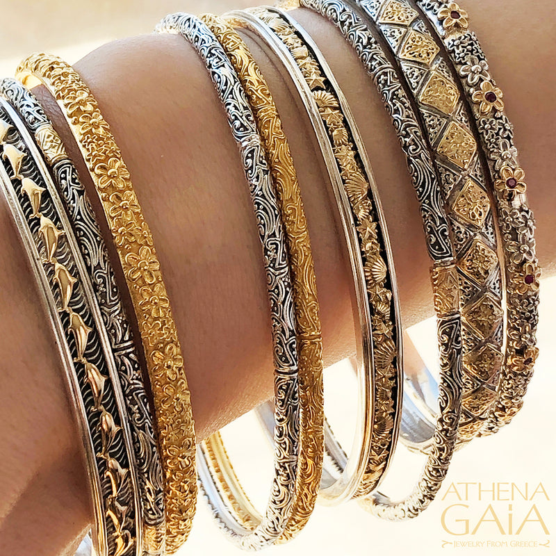 Thalassa Seashells Bracelet - 18k Gold and Sterling Silver - Solid Bangle Bracelet