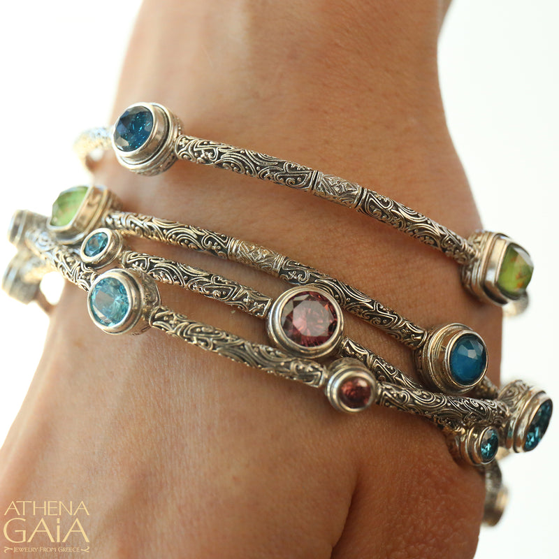 Meadow Breeze 4 Stoned Bracelet - Sterling Silver - Solid Bangle Bracelet